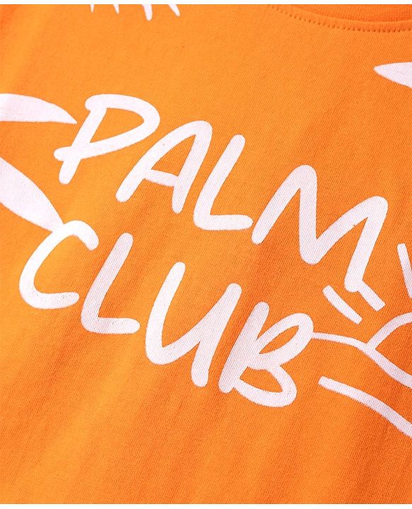 Pine Kids Cotton Knit Half Sleeves T-Shirt With Palm Club Text Print - Orange