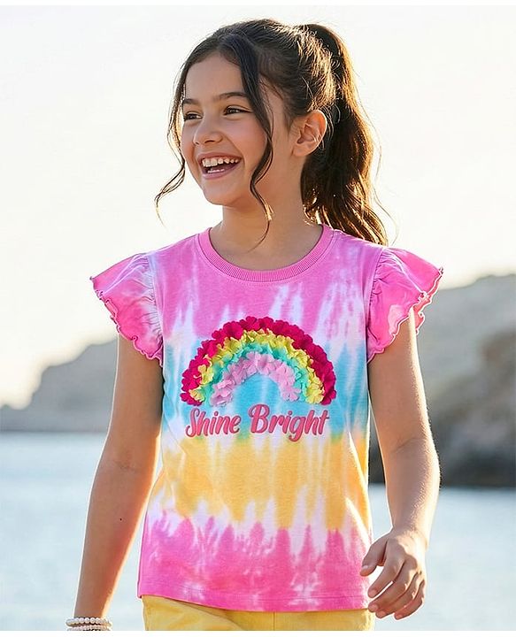 Pine Kids Cotton Knit Half Flutter Sleeves T-Shirt With Shine Bright Text Print - Pink Blue & Yellow