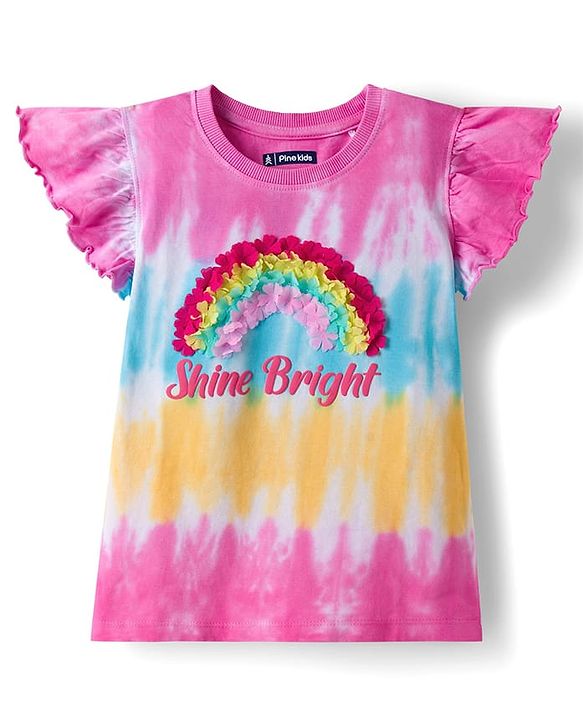 Pine Kids Cotton Knit Half Flutter Sleeves T-Shirt With Shine Bright Text Print - Pink Blue & Yellow