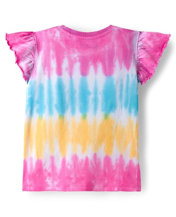 Pine Kids Cotton Knit Half Flutter Sleeves T-Shirt With Shine Bright Text Print - Pink Blue & Yellow