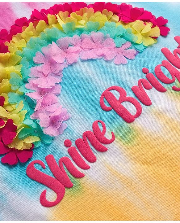 Pine Kids Cotton Knit Half Flutter Sleeves T-Shirt With Shine Bright Text Print - Pink Blue & Yellow