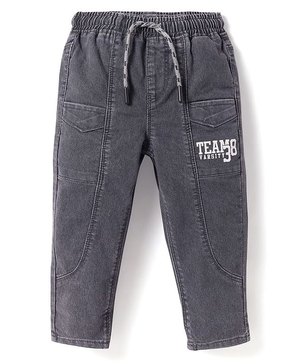 Babyhug Full Length Denim Jeans With Text Print - Charcoal Grey