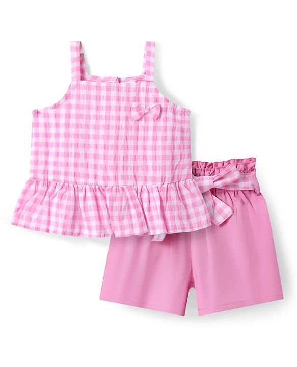 Babyhug Cotton Woven Sleeveless Checks Top & Shorts Set With Bow Applique - Pink