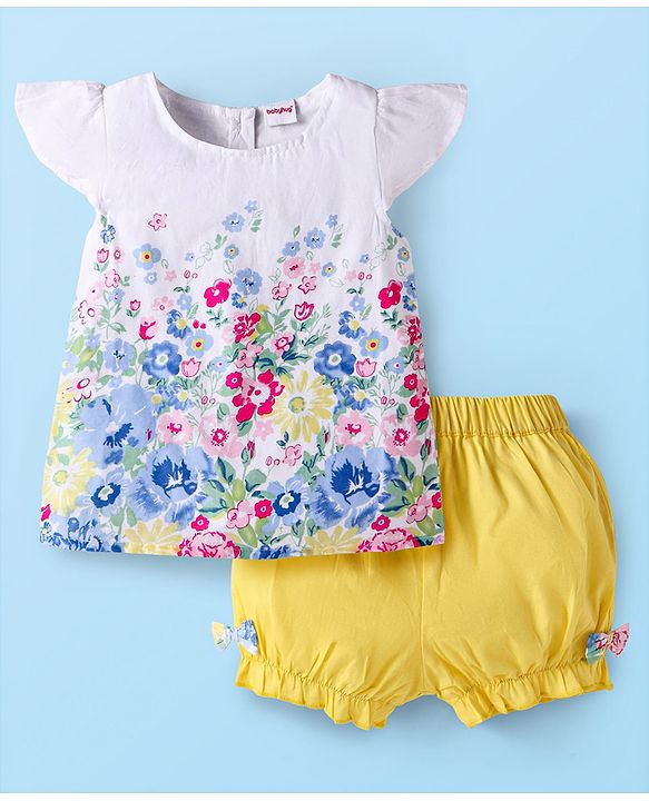 Babyhug Cotton Knit Frill Sleeves Floral Print Top & Shorts Set - White & Yellow