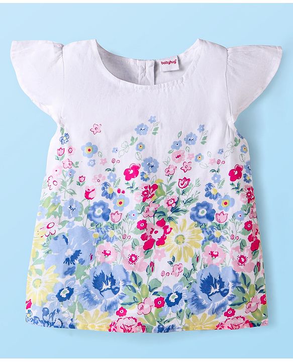 Babyhug Cotton Knit Frill Sleeves Floral Print Top & Shorts Set - White & Yellow
