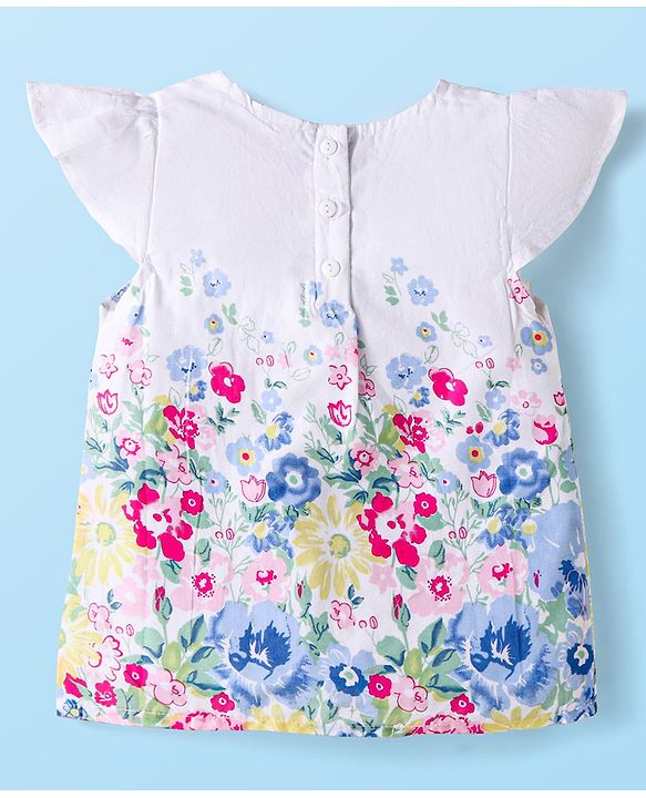 Babyhug Cotton Knit Frill Sleeves Floral Print Top & Shorts Set - White & Yellow
