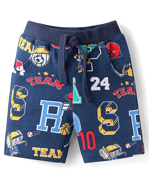 Babyhug Single Jersey Knit Half Sleeves T-Shirt & Shorts Set With Text Print & Tiger Patch - Red & Navy Blue