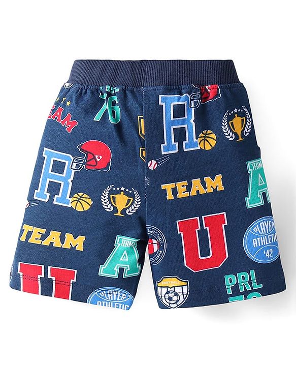 Babyhug Single Jersey Knit Half Sleeves T-Shirt & Shorts Set With Text Print & Tiger Patch - Red & Navy Blue