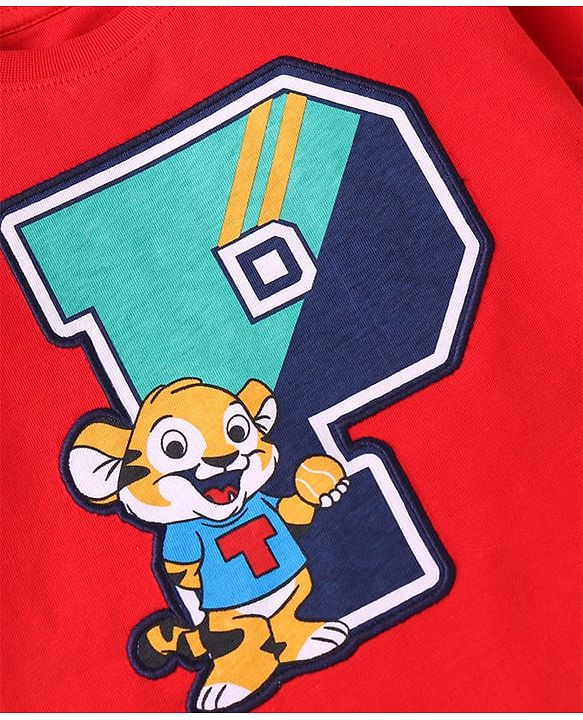 Babyhug Single Jersey Knit Half Sleeves T-Shirt & Shorts Set With Text Print & Tiger Patch - Red & Navy Blue