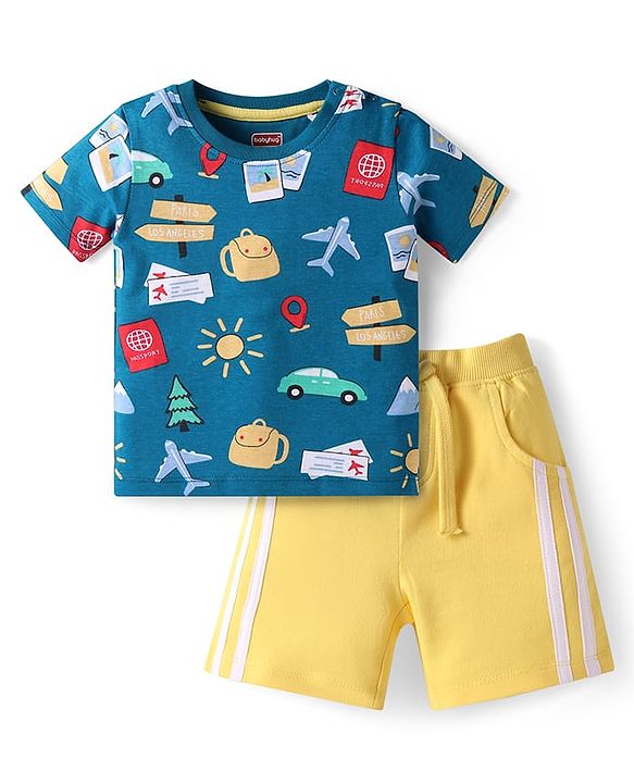 Babyhug Single Jersey Knit Half Sleeves T-Shirt & Shorts Set With Vehicle Print - Blue & Yellow