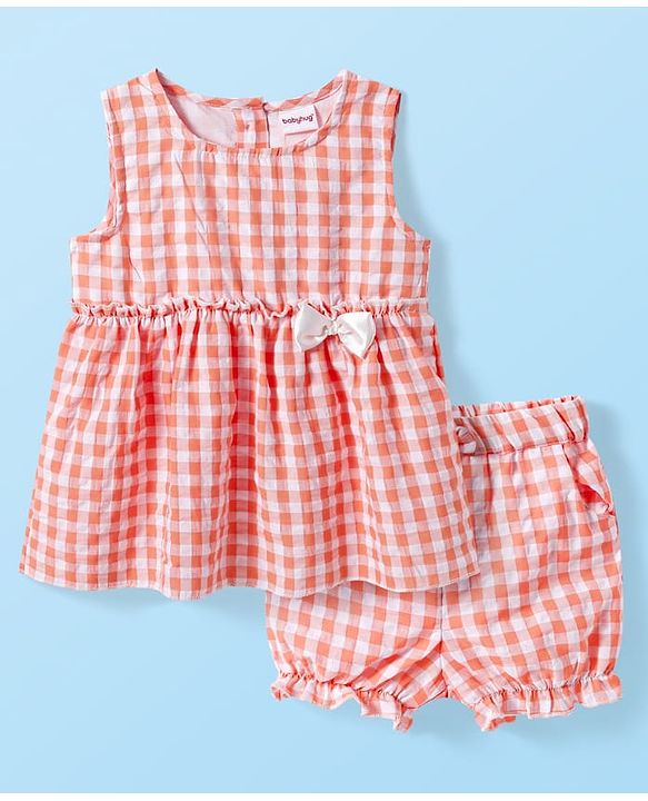 Babyhug Cotton Woven Sleeves  Checks Top & Shorts Sets with Bow Applique - Orange