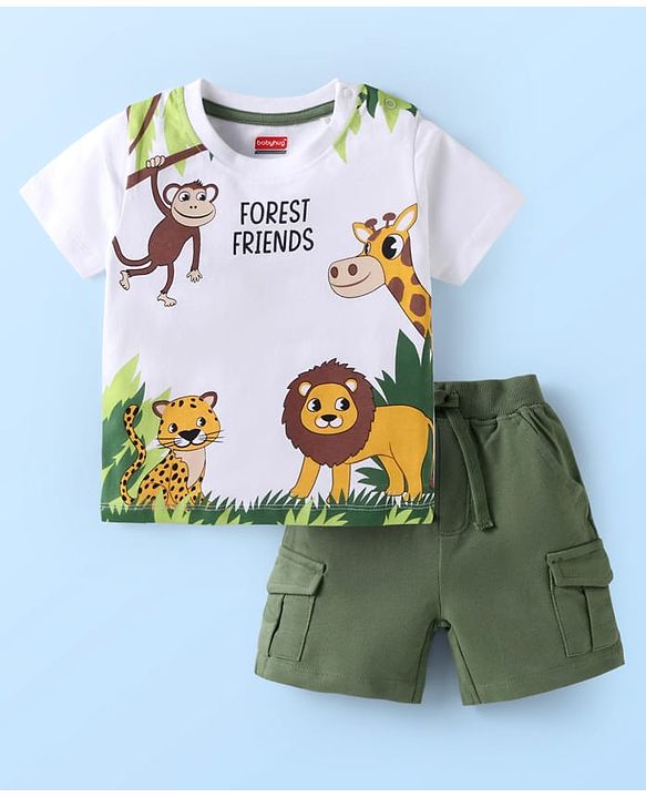 Babyhug Single Jersey Knit Half Sleeves T-Shirt & Shorts Set With Animal Print - White & Olive Green