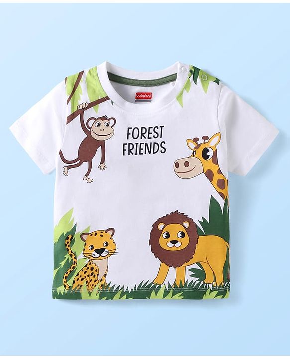 Babyhug Single Jersey Knit Half Sleeves T-Shirt & Shorts Set With Animal Print - White & Olive Green