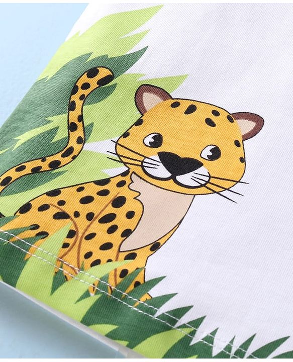 Babyhug Single Jersey Knit Half Sleeves T-Shirt & Shorts Set With Animal Print - White & Olive Green