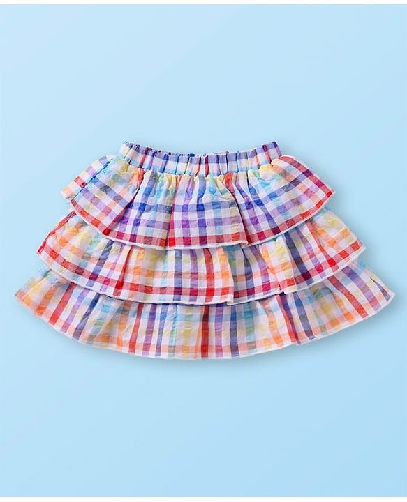 Babyhug Cotton Woven Half Sleeves Schiffli Top & Checkered Frill Skirt Set -  White & Red Yellow Blue