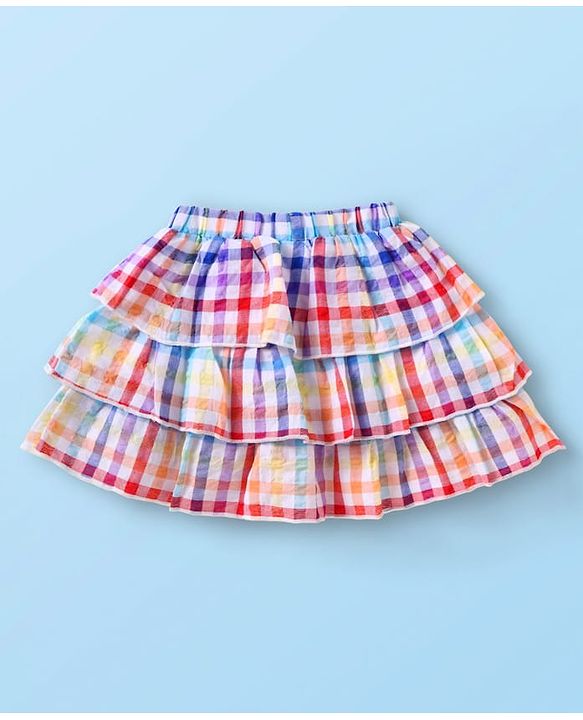 Babyhug Cotton Woven Half Sleeves Schiffli Top & Checkered Frill Skirt Set -  White & Red Yellow Blue