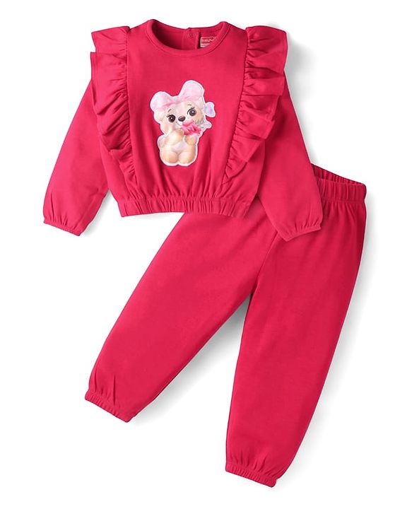 Babyhug Cotton Knit Full Sleeves Frill Detailing T- Shirt with Bear Print & Joggers Set - Red
