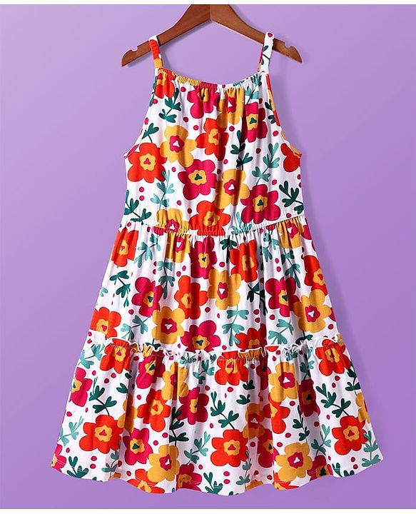 Pine Kids Cotton Knit Singlet Sleeves Frock with Floral Print - White
