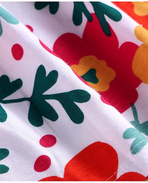 Pine Kids Cotton Knit Singlet Sleeves Frock with Floral Print - White