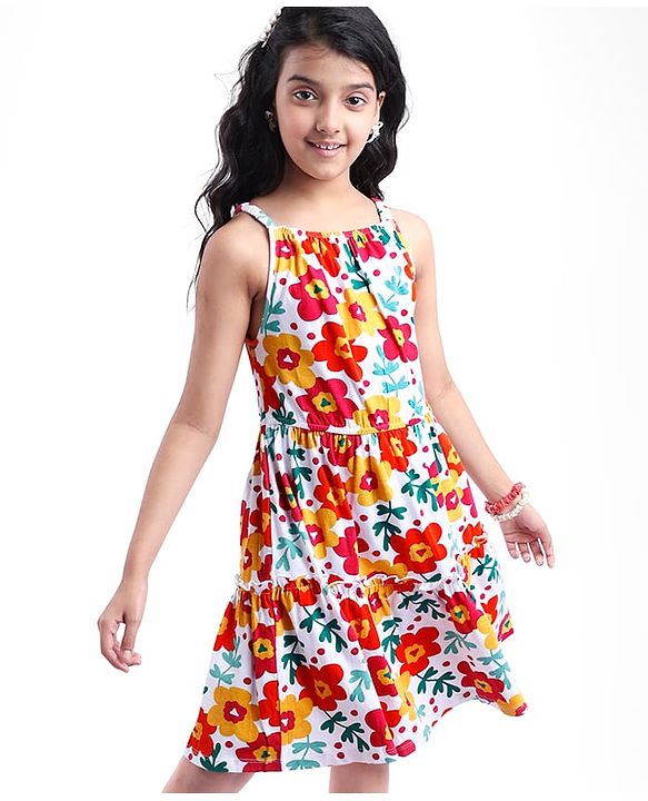 Pine Kids Cotton Knit Singlet Sleeves Frock with Floral Print - White