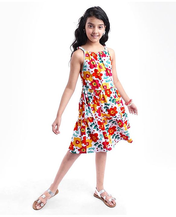 Pine Kids Cotton Knit Singlet Sleeves Frock with Floral Print - White