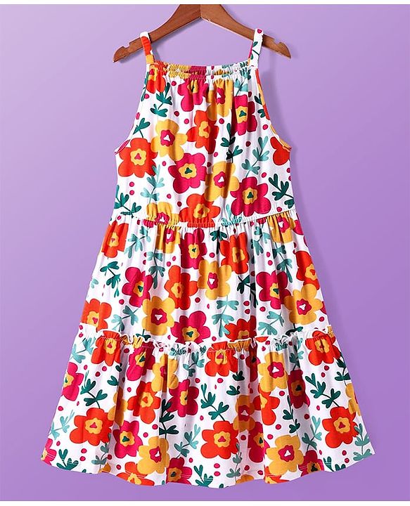 Pine Kids Cotton Knit Singlet Sleeves Frock with Floral Print - White