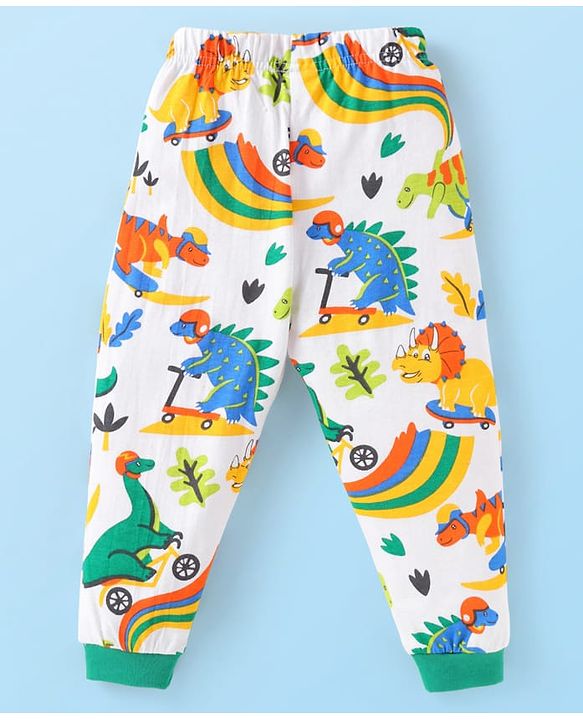 Babyhug Cotton Knit Full Sleeves Night Suit with Dino Print - White