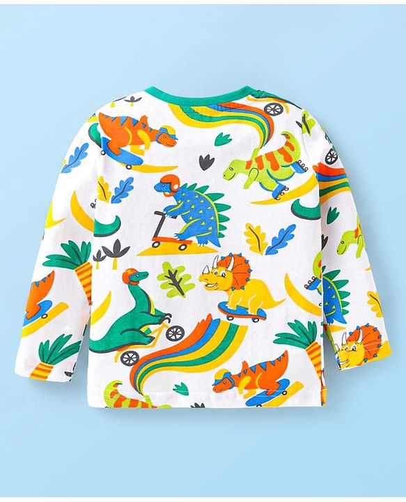 Babyhug Cotton Knit Full Sleeves Night Suit with Dino Print - White