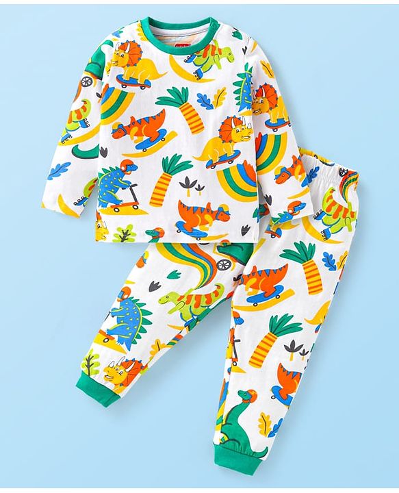 Babyhug Cotton Knit Full Sleeves Night Suit with Dino Print - White