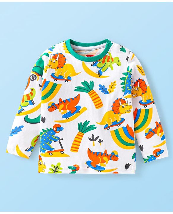 Babyhug Cotton Knit Full Sleeves Night Suit with Dino Print - White