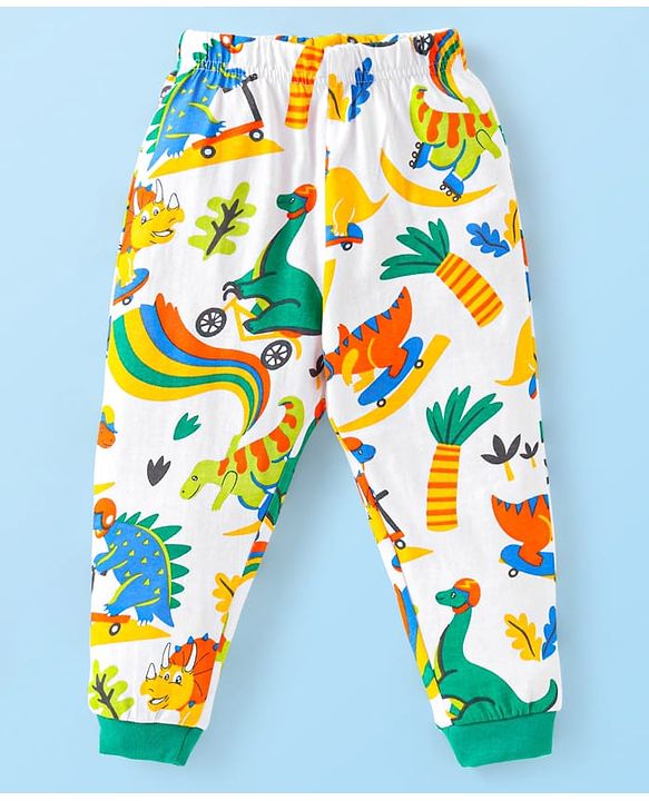 Babyhug Cotton Knit Full Sleeves Night Suit with Dino Print - White