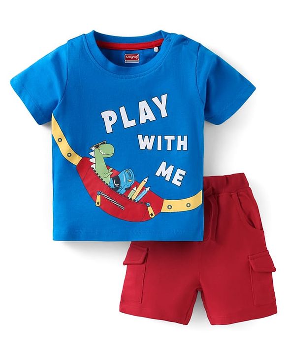 Babyhug Disney Single Jersey Knit Half Sleeves Dino Print T-Shirt & Shorts Set - Red & Blue