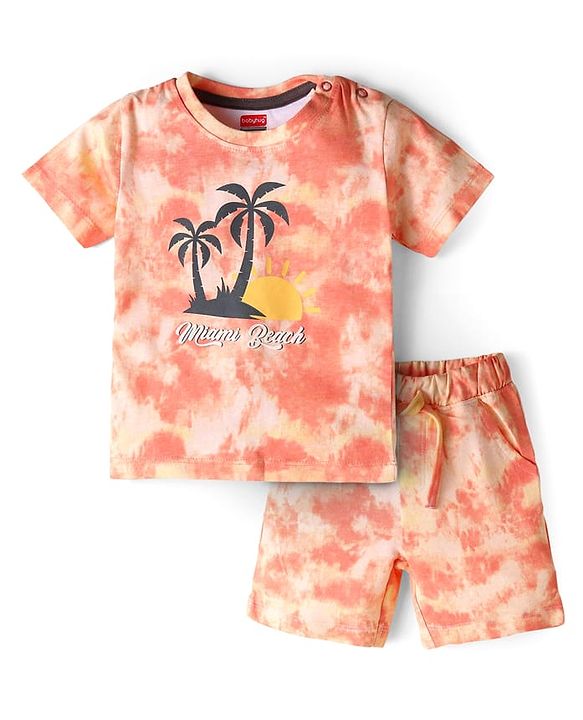 Babyhug Disney Single Jersey Knit Half Sleeves Collar Polo Shirt And Shorts Set With Mickey Mouse Print - Blue & Green