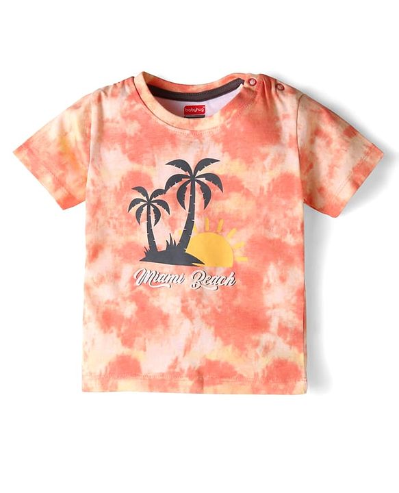 Babyhug Single Jersey Knit Half Sleeves Beach Theme T-Shirt & Shorts Set - Coral