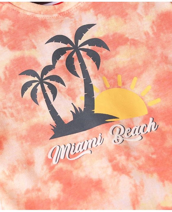 Babyhug Single Jersey Knit Half Sleeves Beach Theme T-Shirt & Shorts Set - Coral