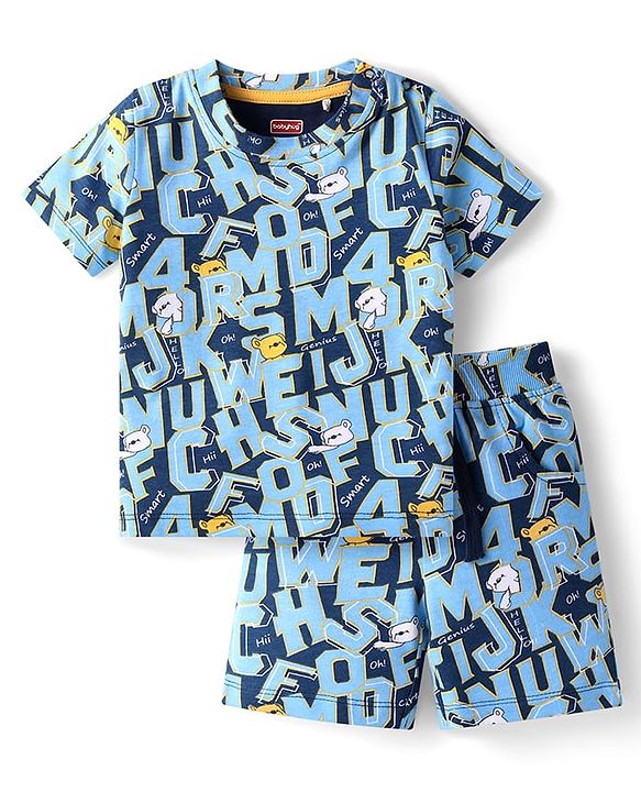 Babyhug Single Jersey Knit Half Sleeves Text Printed T-Shirt & Shorts Set - Light Blue