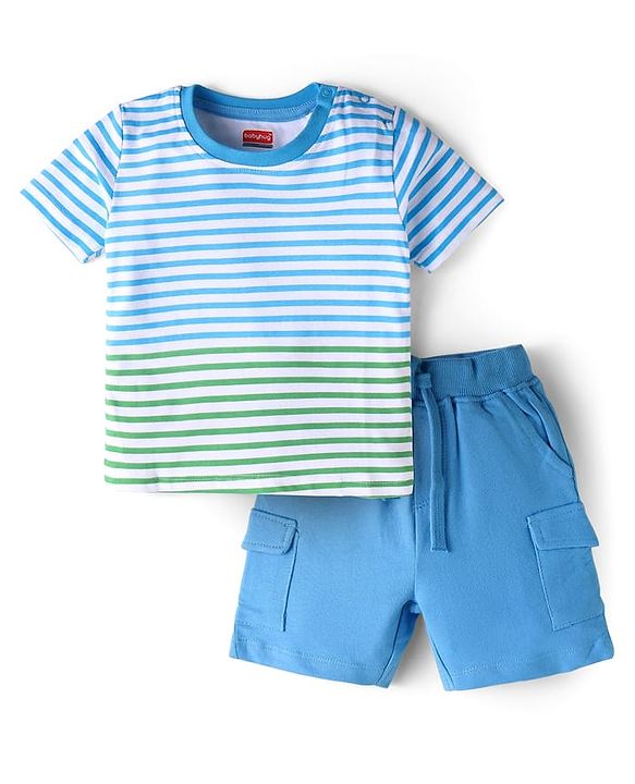 Babyhug Single Jersey Knit Half Sleeves Striped T-Shirt & Shorts Set - Blue