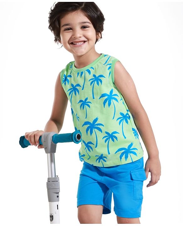 Babyhug Single Jersey Knit Sleeveless Tank T-Shirt & Shorts Set With Tree Print - Light Green & Blue