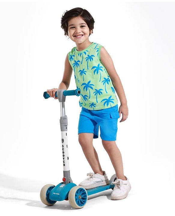 Babyhug Single Jersey Knit Sleeveless Tank T-Shirt & Shorts Set With Tree Print - Light Green & Blue