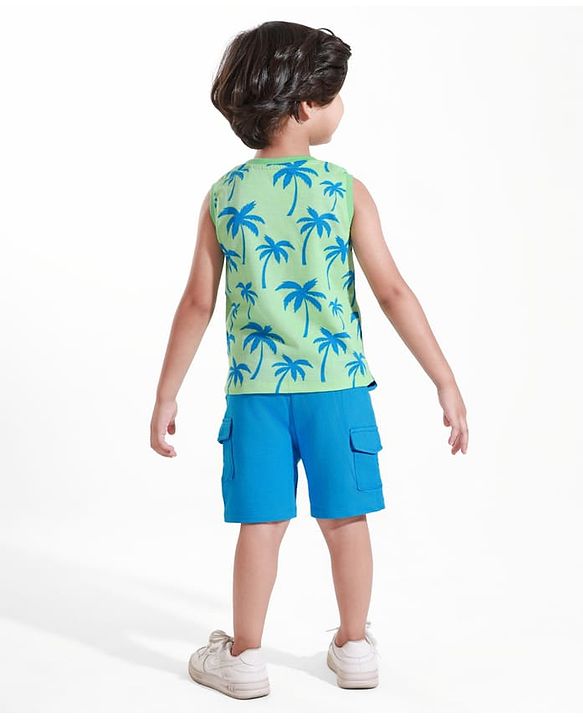 Babyhug Single Jersey Knit Sleeveless Tank T-Shirt & Shorts Set With Tree Print - Light Green & Blue