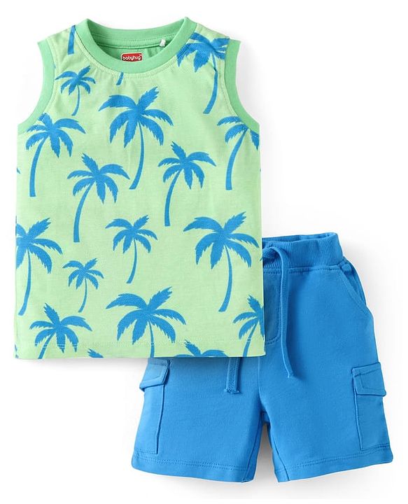 Babyhug Single Jersey Knit Sleeveless Tank T-Shirt & Shorts Set With Tree Print - Light Green & Blue
