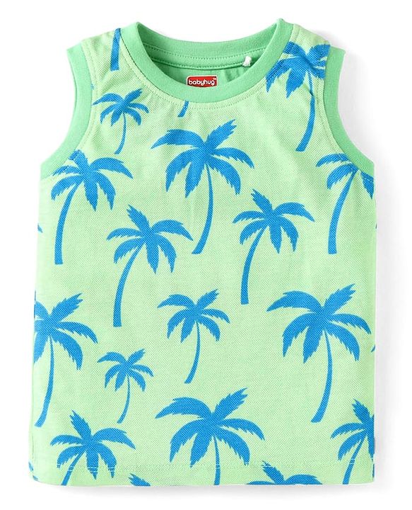 Babyhug Single Jersey Knit Sleeveless Tank T-Shirt & Shorts Set With Tree Print - Light Green & Blue