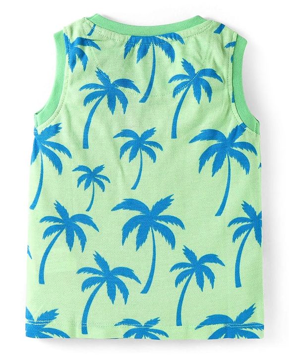 Babyhug Single Jersey Knit Sleeveless Tank T-Shirt & Shorts Set With Tree Print - Light Green & Blue