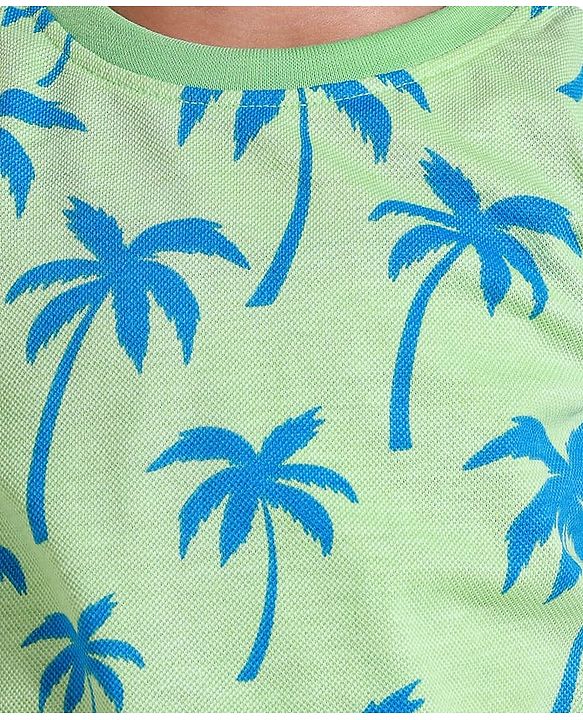 Babyhug Single Jersey Knit Sleeveless Tank T-Shirt & Shorts Set With Tree Print - Light Green & Blue