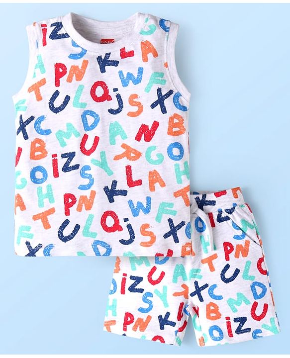 Babyhug Single Jersey Knit  Sleeveless T-Shirt & Shorts Set with Alphabets Print - White