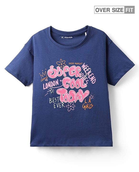 Pine Kids Cotton Knit Half Sleeves T-Shirt with Text Print - Navy Blue