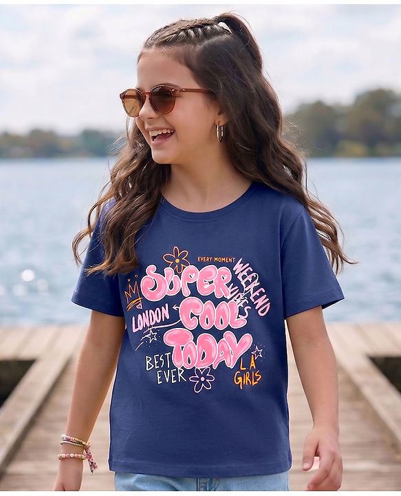 Pine Kids Cotton Knit Half Sleeves T-Shirt with Text Print - Navy Blue