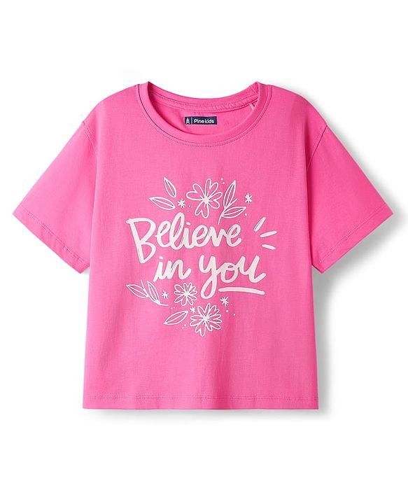 Pine Kids Cotton Knit Half Sleeves Drop Shoulder T-Shirt With Believe In You Text Print - Pink
