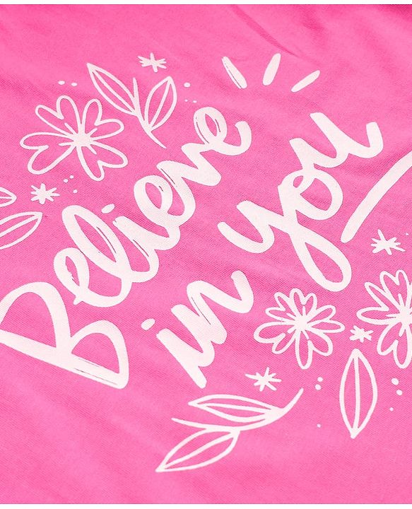 Pine Kids Cotton Knit Half Sleeves Drop Shoulder T-Shirt With Believe In You Text Print - Pink