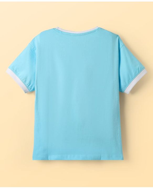 Pine Kids Cotton Knit Half Sleeves T-Shirt with Text Print - Turquoise
